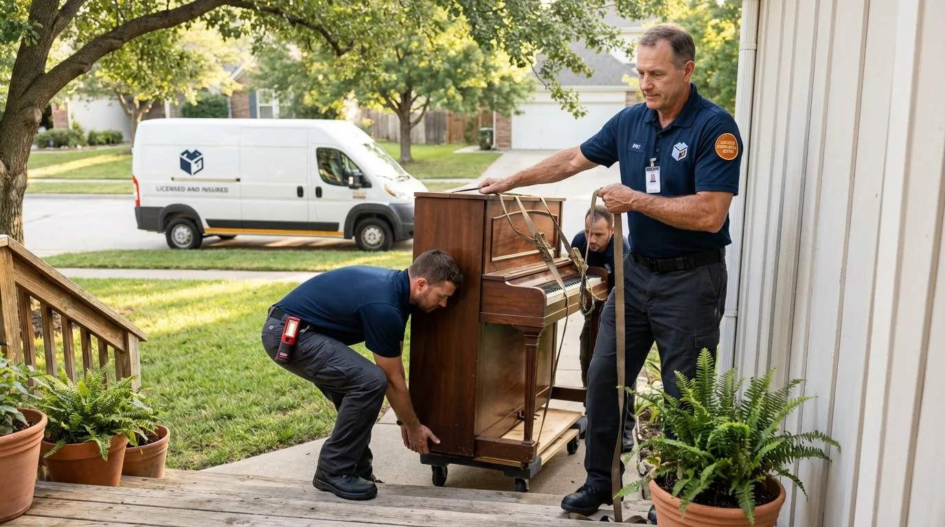 Licensed piano movers securing grand piano in Lambert, MS