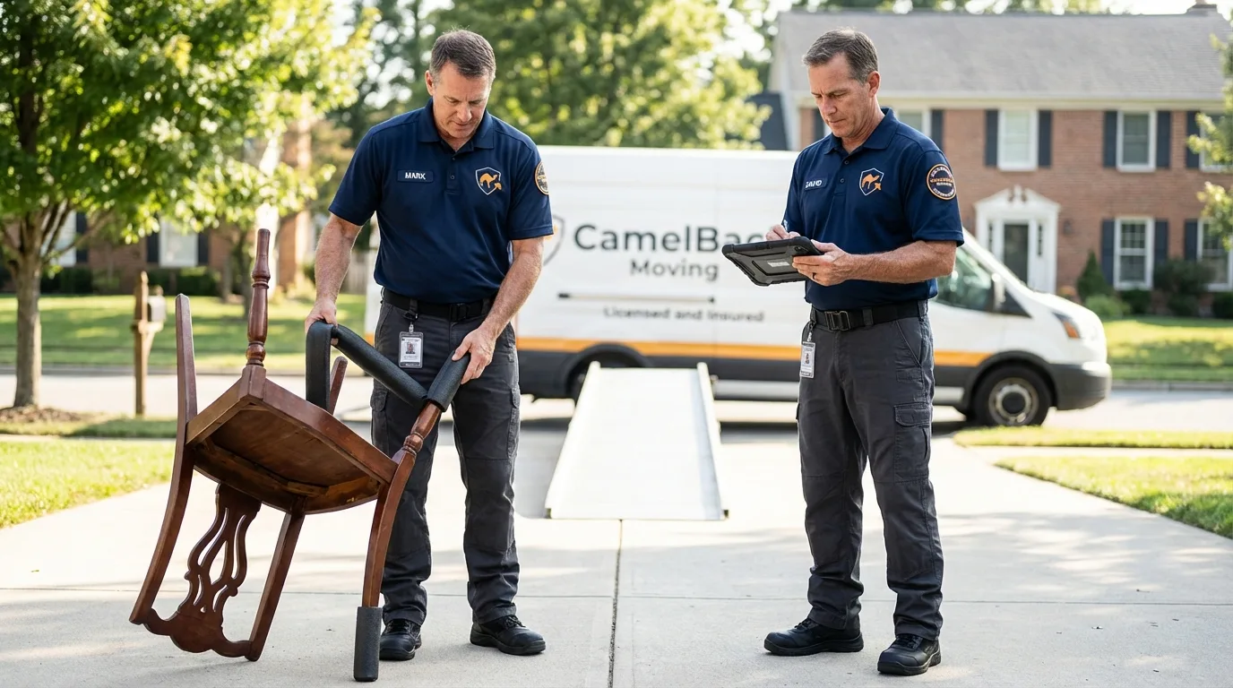 Movers inspecting furniture for damage prevention before loading in Lambert, MS