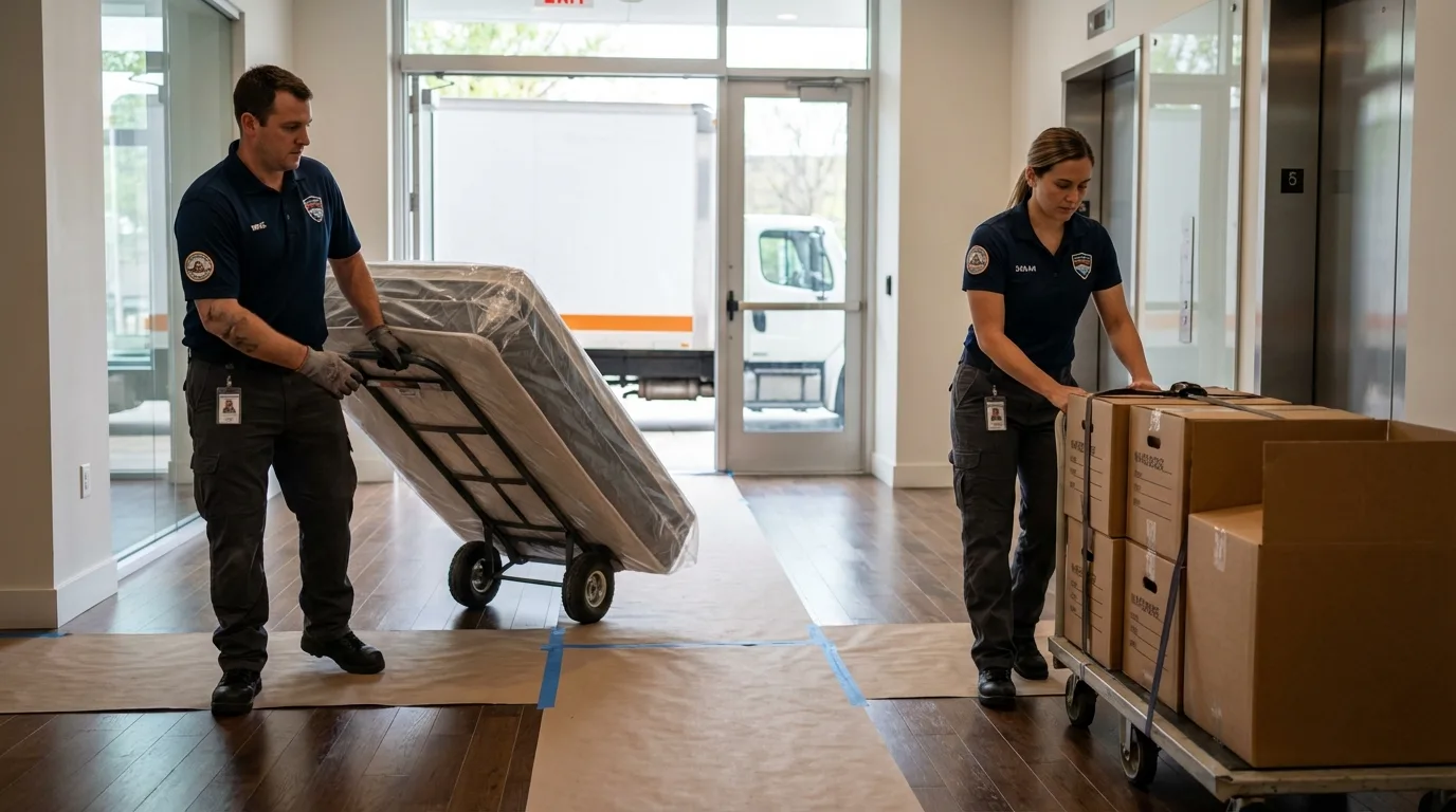 Professional apartment movers loading elevator in Lambert, MS