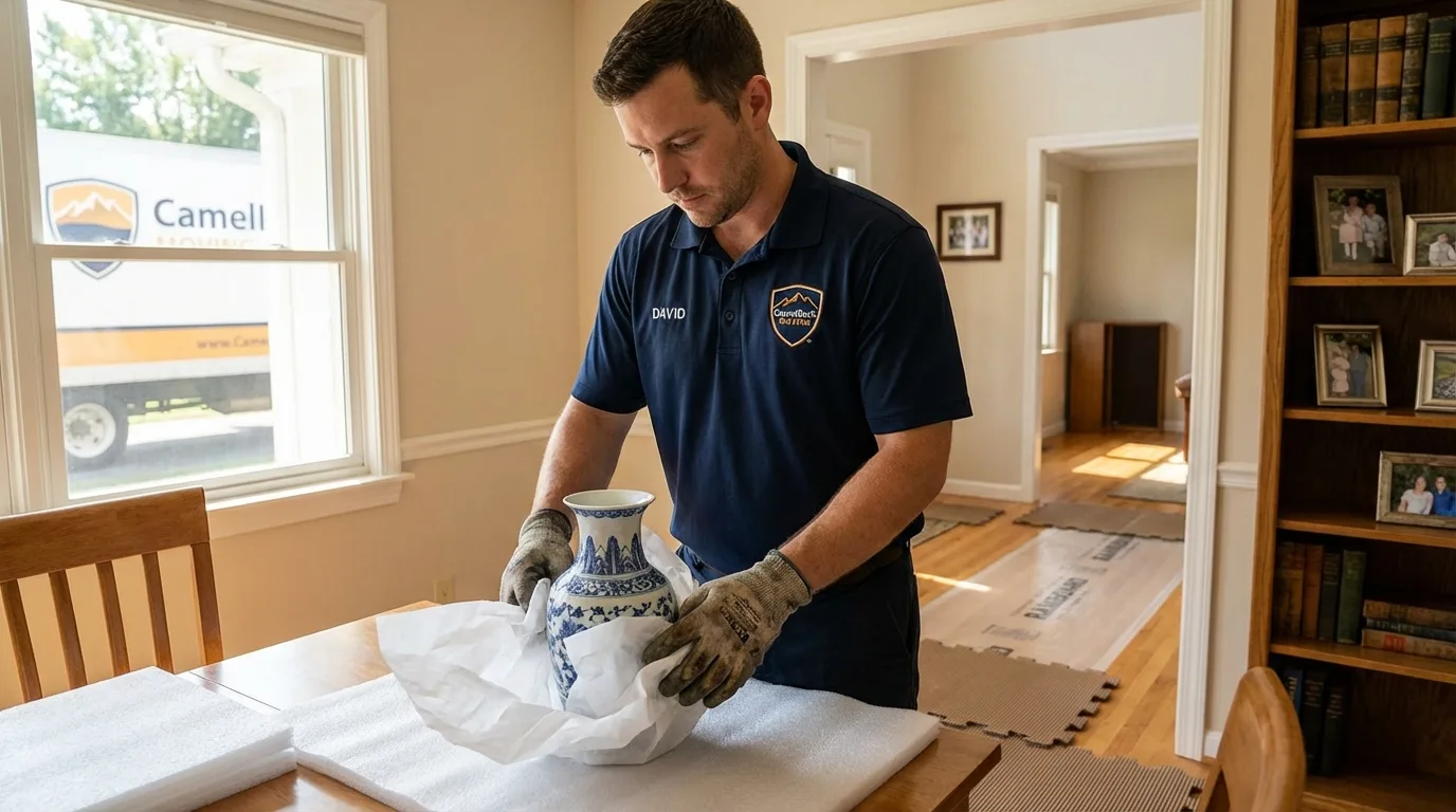 Professional crew carefully wrapping antique vase for senior downsizing move in Lambert, MS